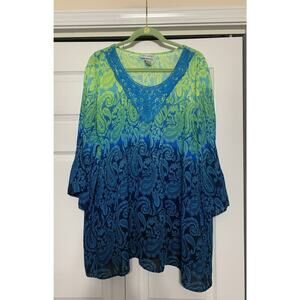 Catherine’s Flowy Crinkle Pleated Blue Green Ombré Fun Blouse Tunic Top 2X